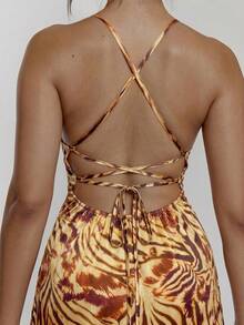 MUSERA Lace Up Front Cup Detail Fitted Animal Print Maxi Dress Sexy Going Out Vacation Autumn Fall Night Out Cute Streetwear Party Elegant Spring Summer - Orange - View 3