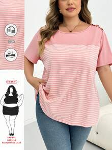 SHEIN CURVE+ 大尺碼女款撞色條紋拼接T恤 - 粉色 - 查看 1