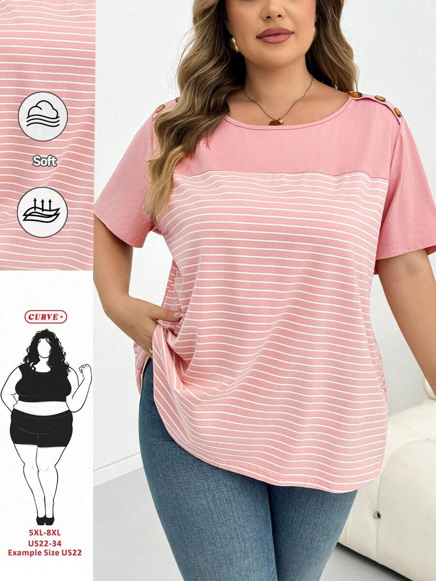 SHEIN CURVE+ 大尺碼女款撞色條紋拼接T恤 - 粉色 - 查看 1