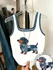 SHEIN Áo tank top nữ dáng suông, in hình chó. - Xanh và trắng - Xem 1