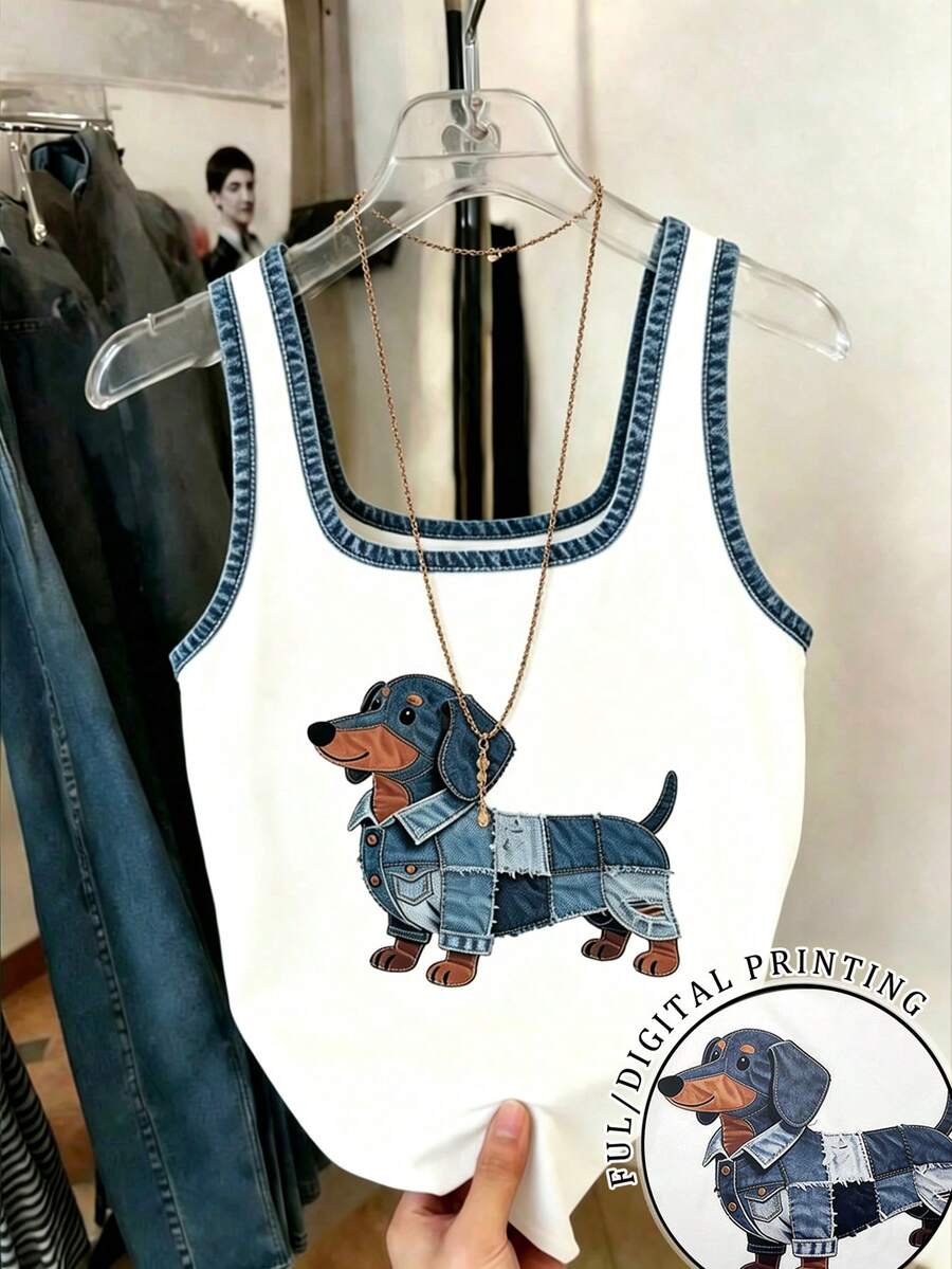 SHEIN Áo tank top nữ dáng suông, in hình chó. - Xanh và trắng - Xem 1