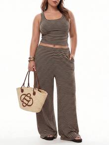 Solavibe Plus Size Women's Striped Colorblock Top And Pants Casual Daily 2 Pieces Set - Brown - View 1