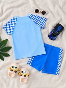 SHEIN Young Boy Striped Sun Pattern Slim Fit Round Neck Short Sleeve Shorts Swimsuit Set,Holiday,Summer,Beach,Cool Classic Vacation Style Casual Swimwear - Multicolor - View 2