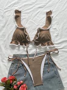 Swim Mod 女款夏季海灘度假甜美可愛格紋印花荷葉邊棕色條紋蕾絲比基尼上衣與側綁帶三角泳褲休閒熱帶風套裝 - 棕色 - 查看 3