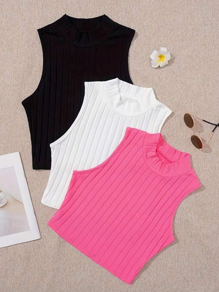 INAWLY Women's Solid Color Stand Collar Ribbed Tank Top - Multicolor - View 1