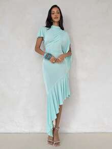 Aloruh Women's Sexy Romantic Elegant Draped Ruffle Trim Asymmetric Hem Bodycon Dress Party Mint Green Summer - Blue - View 6