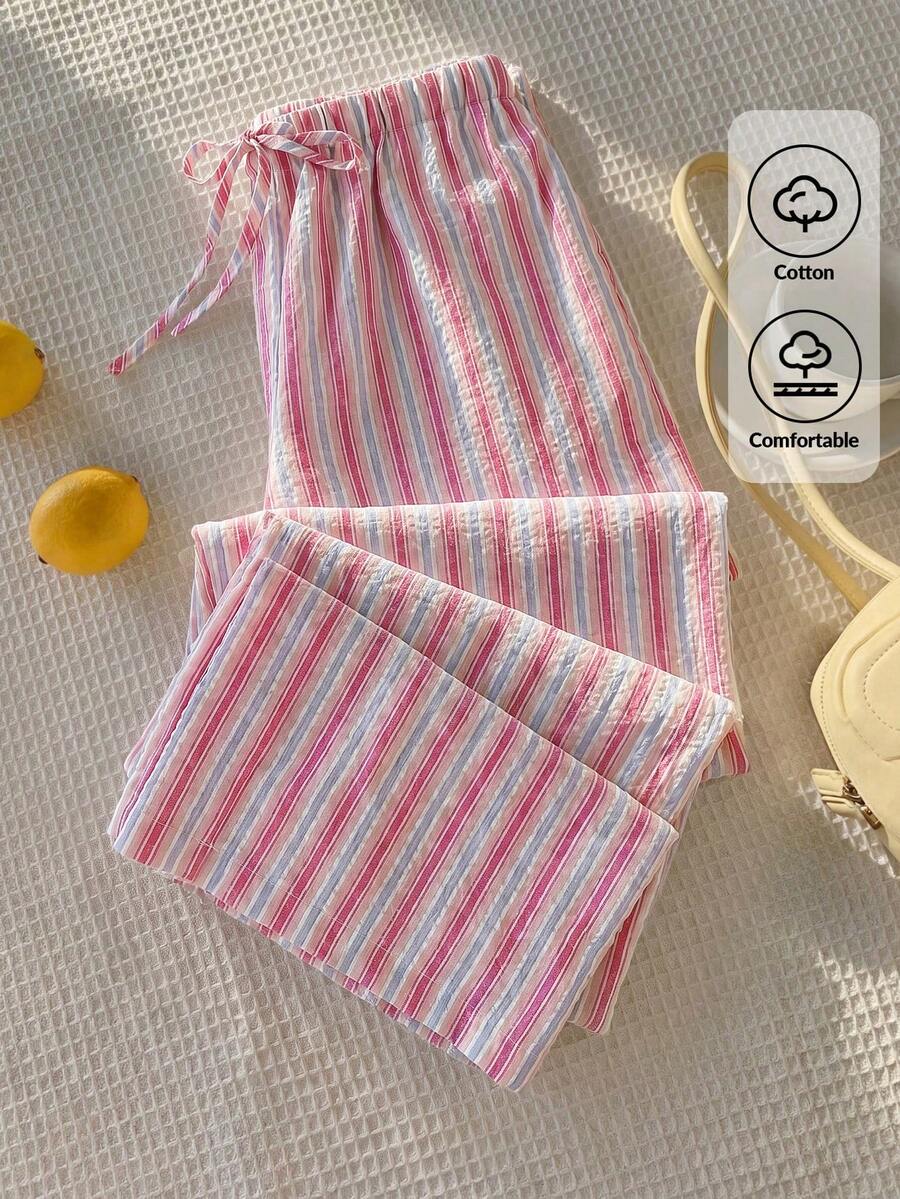 Comfortcana Women's Summer Vacation Pink Striped Long Pants - Pink - View 1