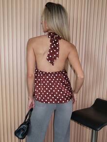 Brooke Lily 夏季女款棕色派對時尚掛脖綁帶波點印花上衣 巧克力棕波點上衣 度假女裝掛脖上衣 - 咖啡棕 - 查看 6