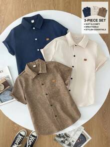 SHEIN 3 Stücke Set für junge Teenager: locker, Lässig, vielseitig, kurzärmliges Hemd mit kleinem Kragen und Lederflecken, geeignet für Schule, Party, Abend, Reisen - Aprikosenfarben - Übersicht 3