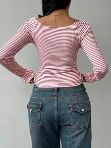 SHEIN BASICS 女款休閒條紋針織圓領長袖修身短版上衣 - 紅色 - 查看 3
