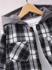 SHEIN Boys' Plaid Pattern Hooded Shacket, Spring/Autumn White - Black - View 5