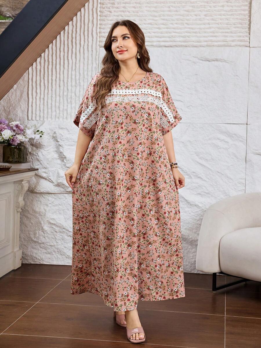 Al Najma 休闲花卉荷叶边蝙蝠袖宽松常规春夏加大码女式阿拉伯连衣裙 - 彩色 - 查看 1