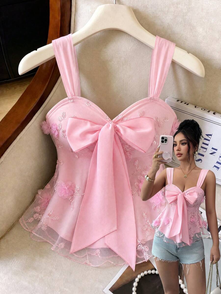 Selianne Soft Pink Summer Elegant Party Urban Chic Women's Puff Sleeve Contrast Ruffle Textured Fabric Blouse,Daily Wear,Wedding Guest,Commute,Holiday Tops - Pink - View 1