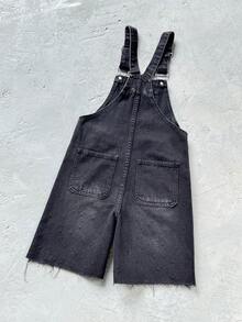 SHEIN Tween Boy Street Casual Graphic Diamond-Studded Design Loose And Comfortable Denim Drawstring Shorts Back-To-School School Grey Summer - Black - View 2