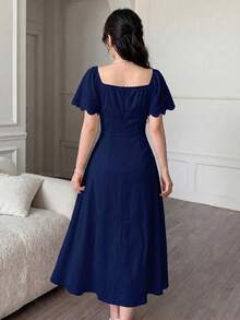 Vestido elegante y romántico de manga corta, cintura recogida y plisado en A, de longitud media, en color amarillo tejido, para primavera/verano - Azul marino - Ver 2