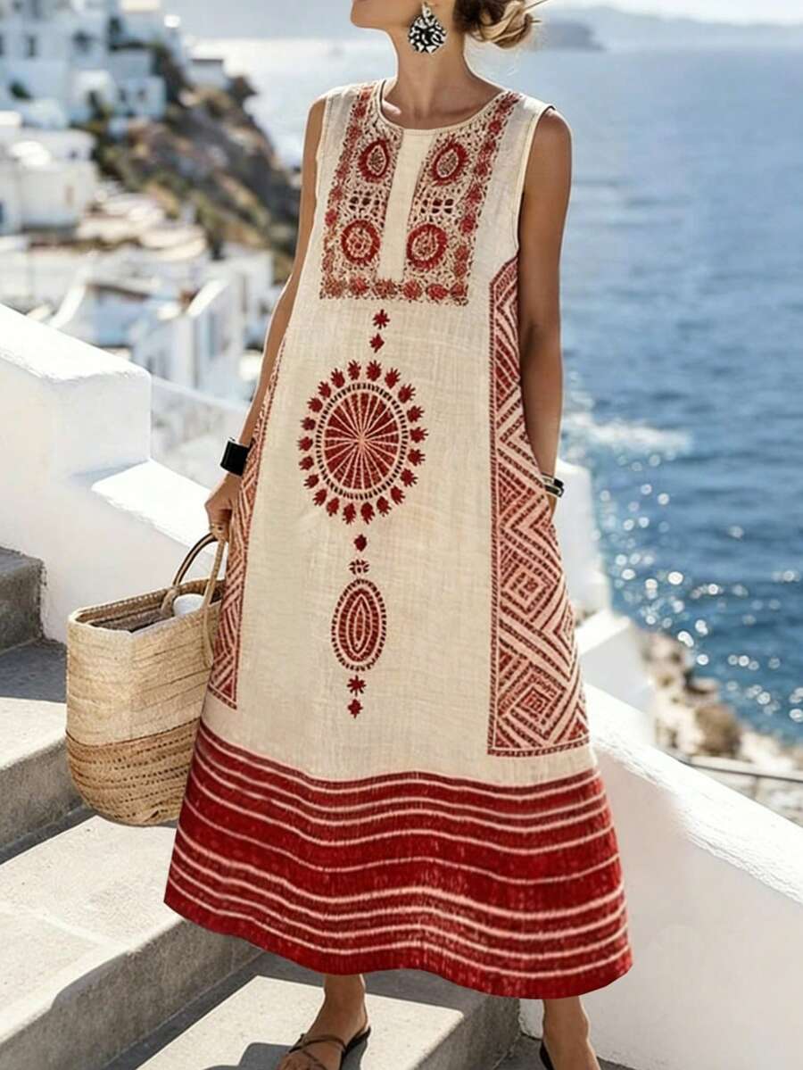 Selamara 波希米亞 Boho 風格米色刺繡無袖亞麻寬鬆洋裝 幾何印花圓領 A 字裙 夏季度假新款 Ins 風復古法式圖案沙灘裙