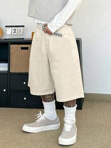 STEELVANCE Quần short denim ống đứng phong cách streetwear tối giản, thêu chữ và hoa họa tiết West Coast, thiết kế ngách hip-hop casual đa năng mặc hàng ngày - Màu be - Xem 6