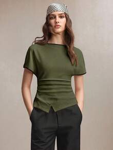 BizChic Short Sleeve Ruched Business Formal Vacation Slouchy Commute Date Daily Office Slimming Elegant Sexy Versatile Summer Autumn Halloween Back To School Party Birthday Wedding Guest Church Special Occasion Outing Beach Gathering Social Holiday Shopping Afternoon Tea Travel Minimalist Top - Army Green - View 6