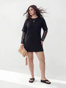 Solavibe Vestido de fiesta casual con patchwork de encaje para mujer de talla grande - Negro - View 3