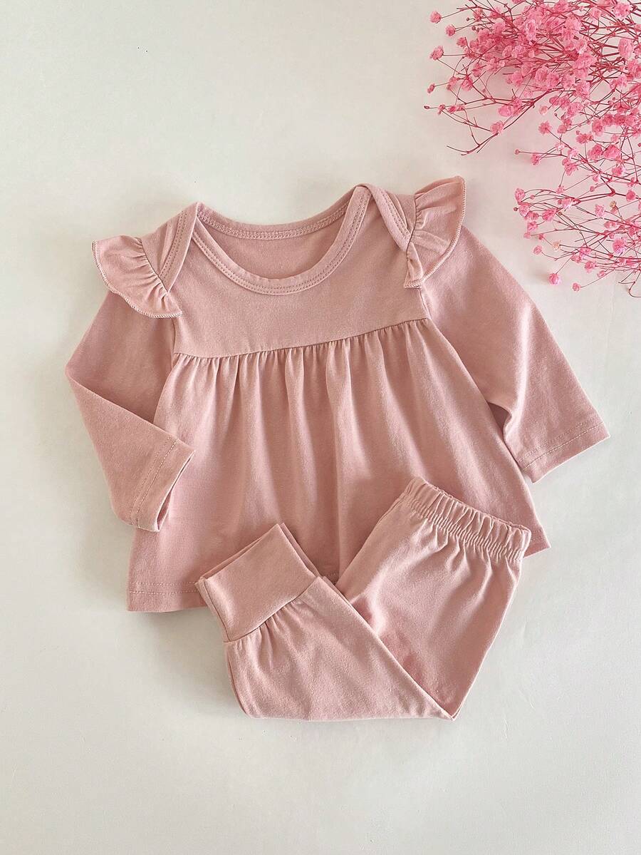 Bộ đồ mặc nhà ngủ thường ngày cho trẻ sơ sinh, áo cổ tròn bèo nhún màu trơn và quần dài - Màu Hồng baby - Xem 1