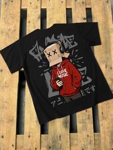 Lornexis Men's Cartoon Print Casual Versatile Daily Outing Short Sleeve T-Shirt - Black - View 5