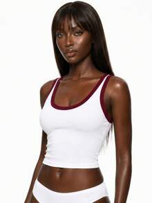 Rest Era Women's Basic Casual Fashionable Red & White Contrast Color Fitted Tee Shirt, Spring/Summer - White - View 3