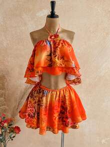Soleia 2-delat set för kvinnor med haltertopp och minikjol i casual stil för vardagsbruk, med 3D-blomsterdekor - Orange - Visa 5