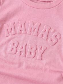 女嬰休閒日常 MAMA"S BABY 印花荷葉邊修身短袖T恤與喇叭褲套裝，春/夏/秋字母印花女嬰褲裝套裝 2件組 女童喇叭褲 - 玫紅色 - 查看 2
