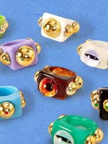 Popjeli 3 piezas 1 set de anillos cuadrados de resina personalizados con ojo de diablo, joyería de mujer de estilo punk de verano apilada y neutra, adecuada para fiestas y vacaciones - Multicolor - Ver 8