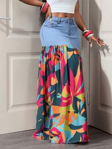Slaydiva Women's Printed Patchwork Extra Long Denim Skirt - Blue - View 4