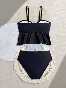 SHEIN 青少年女孩細肩帶式比基尼，黑色2件組比基尼套裝，青少年女孩度假泳衣，春/夏 - 彩色 - 查看 2