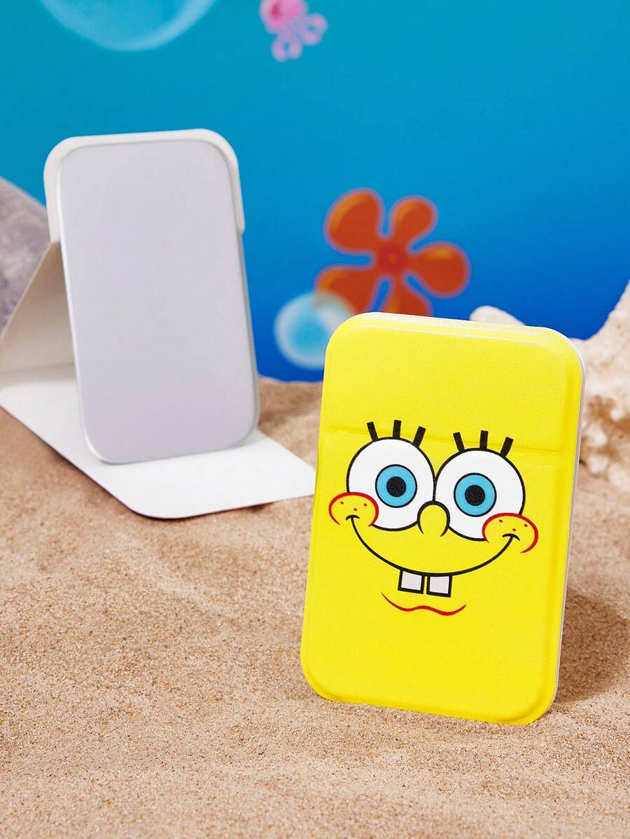 SpongeBob SquarePants | SHEIN 1個可愛圖案印花PU皮革材質粉紅色可折疊HD便攜式鏡子,可站立或手持,輕巧便攜,方便檢查妝容細節,適合旅行和通勤,海綿,卡通 - 黃色 - 查看 1