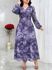 Modelyn Women's Floral Print V-Neck Lantern Sleeve Waist Twist Elegant Long Dress Holiday Light Blue Floral Autumn - Purple - View 1