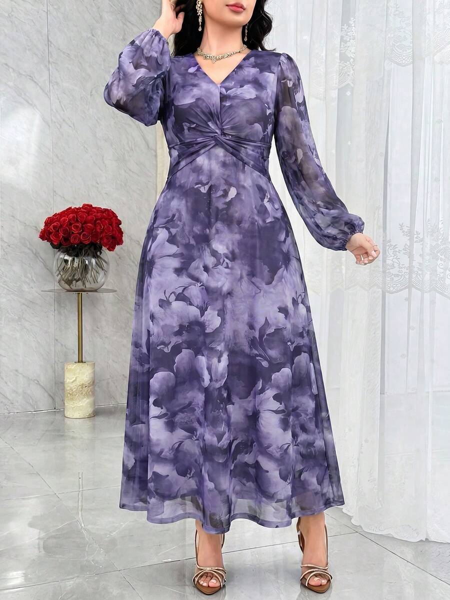 Modelyn Women's Floral Print V-Neck Lantern Sleeve Waist Twist Elegant Long Dress Holiday Light Blue Floral Autumn - Purple - View 1