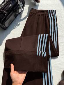 Comfortcana Comfortable Plus Size Green Striped Knit Sweatpants With Drawstring, Suitable For Casual Wear. - Multicolor - View 9
