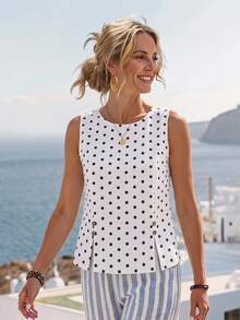 EMERY ROSE Women's Polka Dot Round Neck Casual Versatile Daily Outing Blouse  Summer Polka Dots - White - View 4