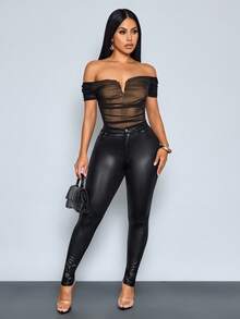SOLERSUN Women's Spring/Summer Elegant Sexy Off-Shoulder V-Neck Mesh Pleated Bodysuit Black Club Night Out - Camel - View 7