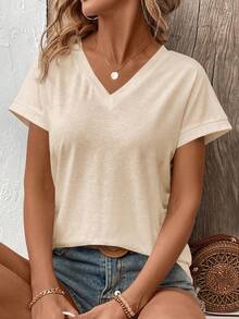 EMERY ROSE Camiseta de manga corta con cuello en V de unicolor casual, versátil para uso diario, verano - Albaricoque - View 6