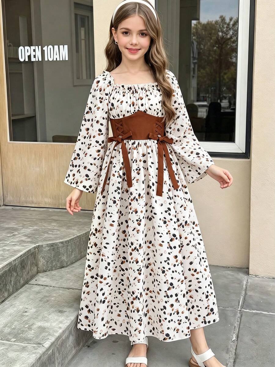 SHEIN 1件女童春夏季新款休閒通勤梭織印花可拆式蝴蝶結裝飾方領長袖收腰修身杏色洋裝，優雅日常度假派對洋裝