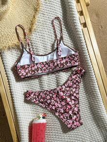 Swim Mod Women's 2-Piece Bikini Swimsuit Set With Double Shoulder Straps, Ditsy Floral, Ribbed Fabric, For Island Beach Vacation - Coffee Brown - View 4