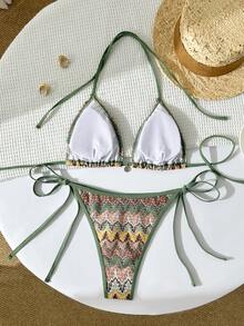 Swim Chiccia 2pcs Women Swimwear Set, Green, Summer, Boho, Beach, Holiday, Holiday Colorful Leaf Knit Fabric, Silver Shell Decor, Drawstring Halter Triangle Bikini Suit - Multicolor - View 2