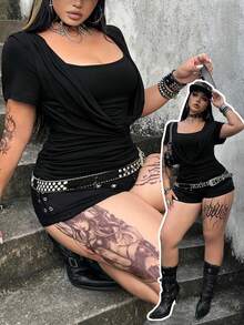 POPSWAY 大尺碼夏季度假優雅外出上衣 女款歐美新款性感百搭寬領設計抓皺針織面料短袖T恤 修身顯瘦2合1拼接風上衣 - 黑色 - 查看 5