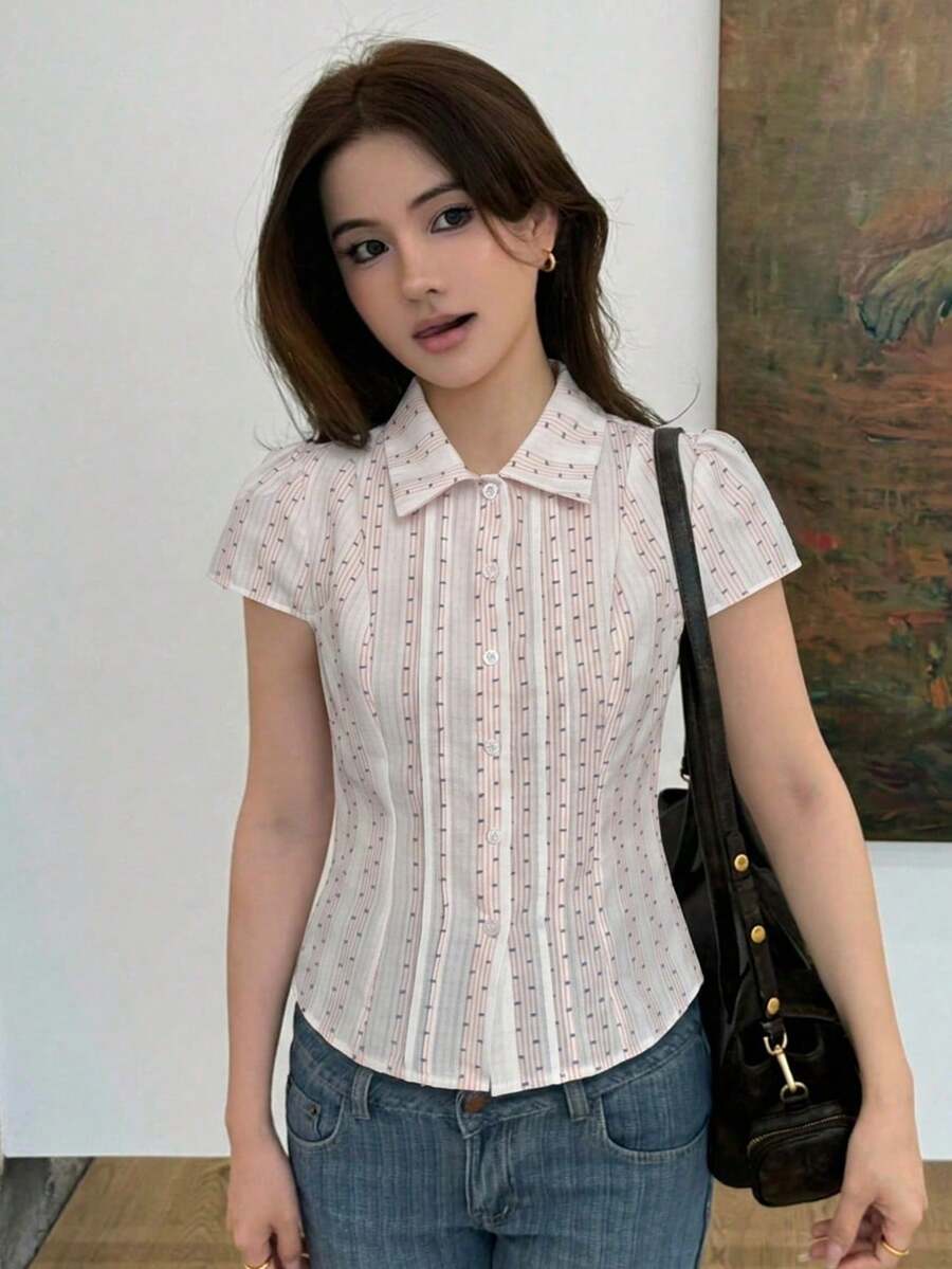 DAZY 純色翻領修身短袖白色女款襯衫 夏季 - 藕粉色 - 查看 1