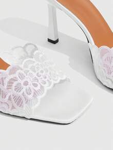CUCCOO SZL Sexy White Square Toe Stiletto High Heels Women's Outer Wear Backless Sandals Mesh Embroidery Open-Toe Drag Summer - White - View 5