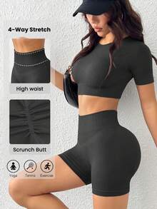 SHEIN Core Rhythm Set Olahraga Wanita Tanpa Jahitan, Lengan Pendek Olahraga, Celana Pendek Olahraga, Pengangkat Bokong dan Pelangsing, Set Seksi Multi-Potong, Set Kombinasi - MultiWarna - View 7