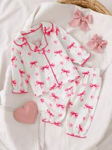 2er-Pack Neugeborenes Baby Mädchen süßer rosa Schleifen-Muster roter Kontrast-Besatz Kragen Strickjacke Langarm Hose 2-teiliges Loungewear Set - Pink - Übersicht 3