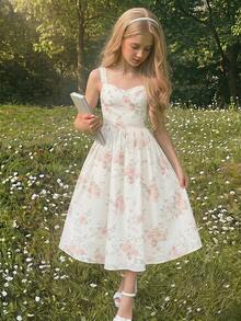SHEIN Tween Girls'Elegant Floral Print Spaghetti Strap Ruffle Hem A-Line Maxi Dress,Bohemian Style White And Pink,Summer,Modest,Picnic Beach Vacation Dress - White - View 5