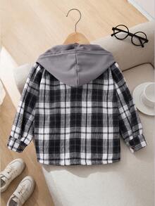 SHEIN Boys' Plaid Pattern Hooded Shacket, Spring/Autumn White - Black - View 2