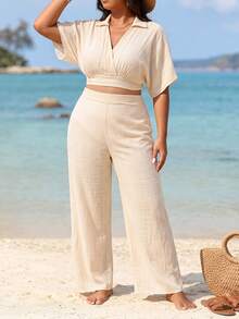 Swim Lushoire Plus Size Lightweight Coverup Set, Vacation Style Beach Vacation Orange Summer - Apricot - View 1
