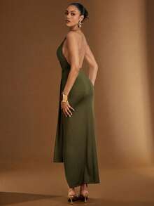 Hauture Gold Metal Halter Neck Ruched Mermaid Hem Open Back Dress With Sash - Olive Green - View 6